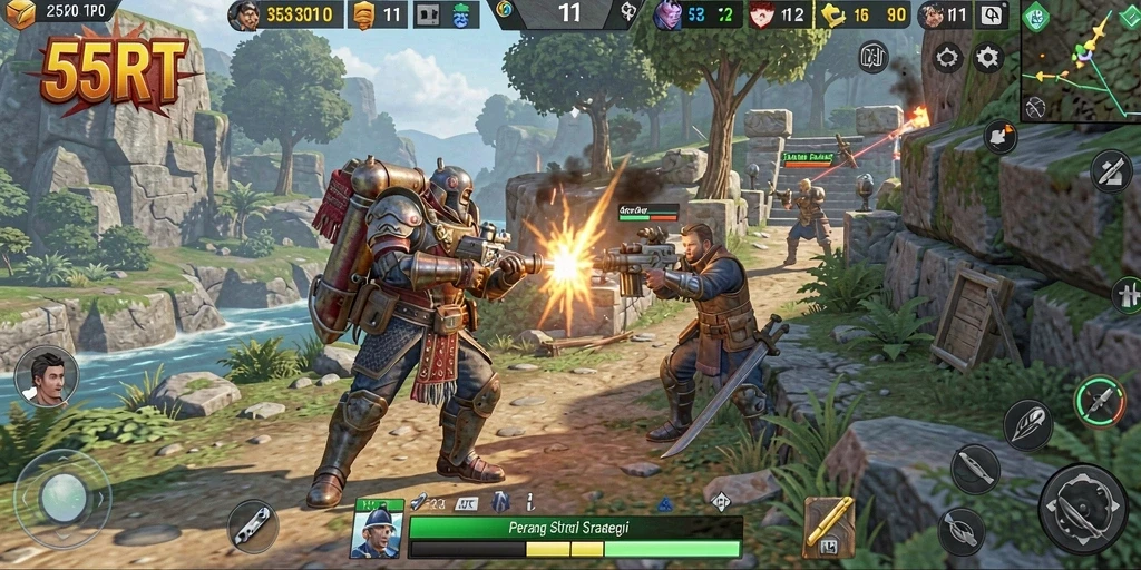 Tangkapan layar gameplay 55RT yang menunjukkan aksi TPS yang intens.