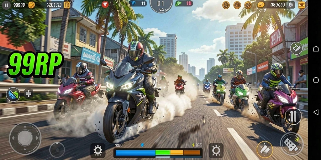 Tampilan gameplay 99RP yang memukau dengan balapan motor yang seru.