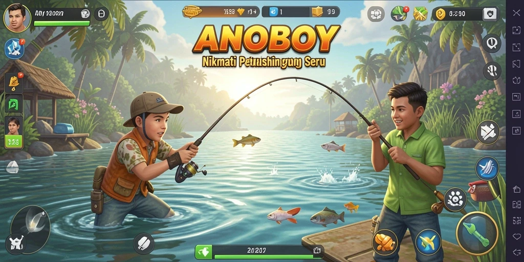 Screenshot yang menunjukkan gameplay memancing penuh aksi di ANOBOY.