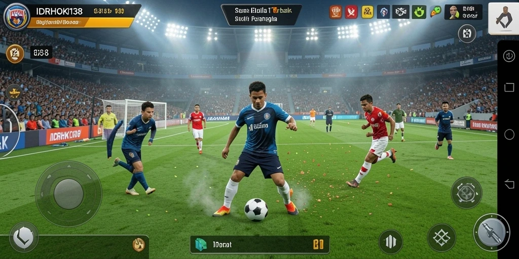 Tampilan gameplay yang mendebarkan dari IDRHOKI138 di lapangan sepak bola.