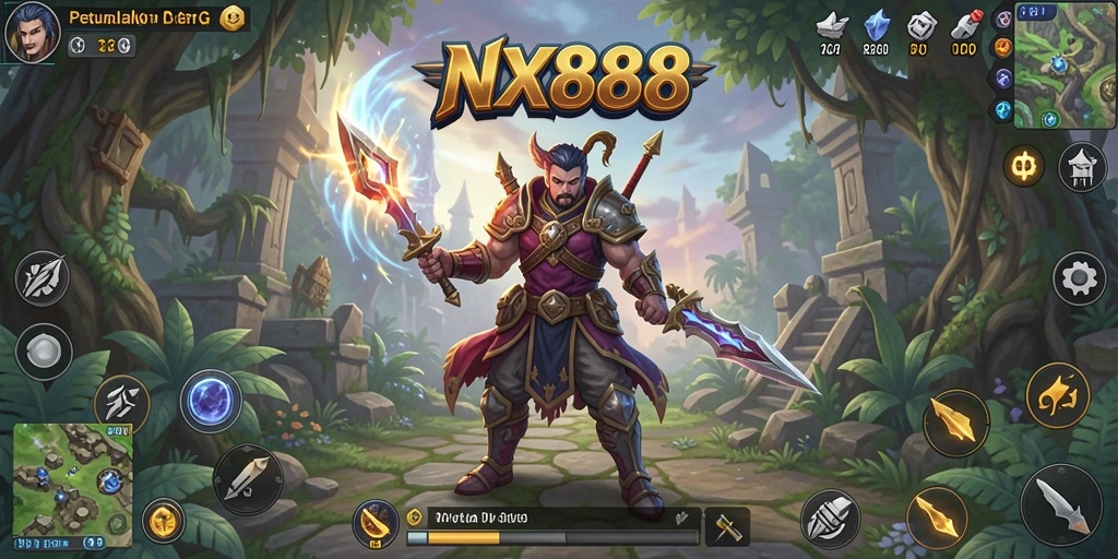 Tampilan seru gameplay RPG NX888 menunjukkan pertempuran dinamis dan eksplorasi dunia.