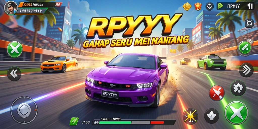Screenshot gameplay RPYYY menampilkan mobil balap dalam aksi.