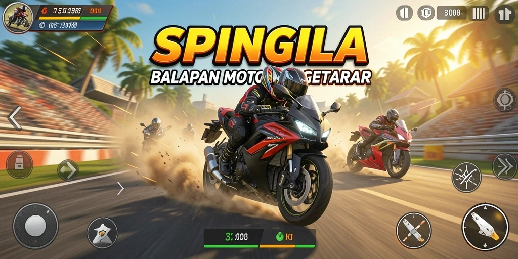 Gameplay seru SPINGILA dengan motor balap yang menantang.