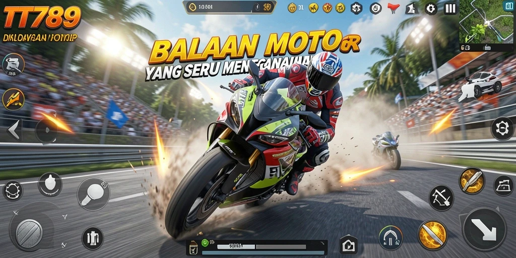 Tampilan gameplay menegangkan dalam balapan motor di TT789.
