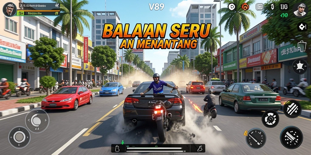 Tampilan gameplay seru dari balapan di V89 dengan berbagai mobil dan trek.