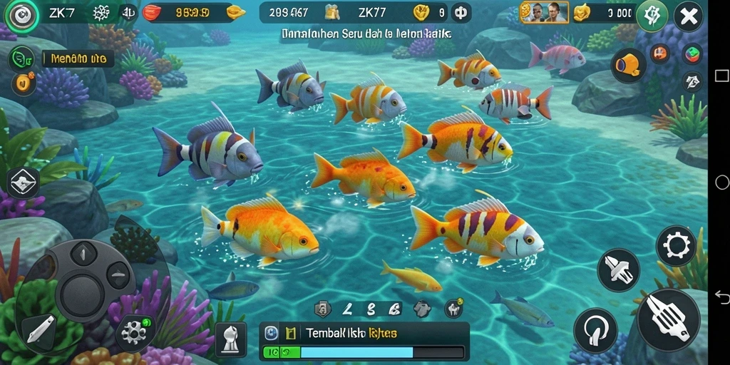 Screenshot utama menampilkan aksi menangkap ikan dalam ZK7.